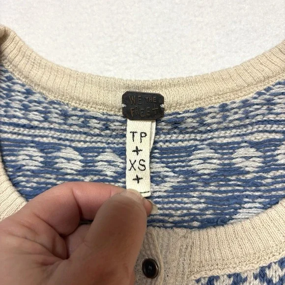 Free People Henley Shirt XS Cabin In Woods Cream Knit Lace Waffle Boho Fair Isle - Picture 3 of 11